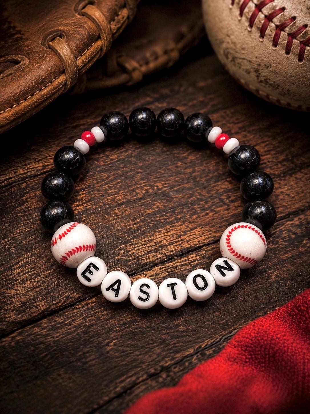 Personalized Baseball Bracelet for boys, Black Red White Beaded Name Bracelet, Baseball Gift for kids, Custom Sports Team Bracelet