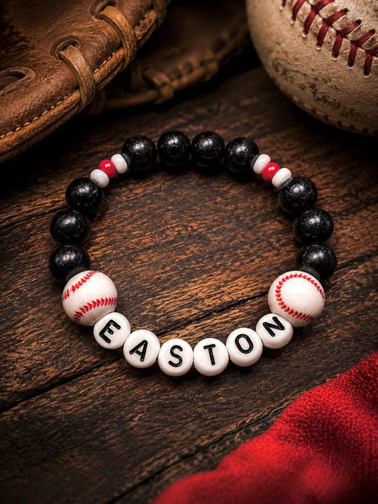 Personalized Baseball Bracelet for boys, Black Red White Beaded Name Bracelet, Baseball Gift for kids, Custom Sports Team Bracelet