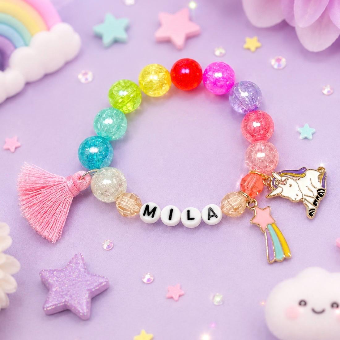 Personalized Rainbow Name Bracelet for Girl, Unicorn Charm Bracelet, Colorful Kids Jewelry, Custom Girl Gift, Chunky Beads Birthday Bracelet