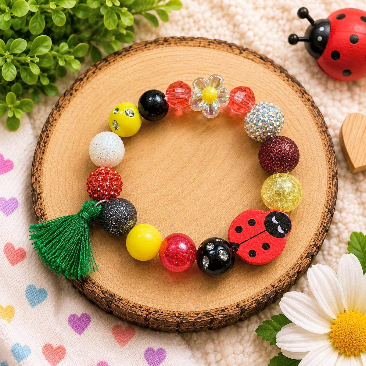 Custom Ladybug Flower Stretch Bracelet for Girls, Colorful Kids Beaded Bracelet, Garden Theme Jewelry, Red Yellow Green Bracelet