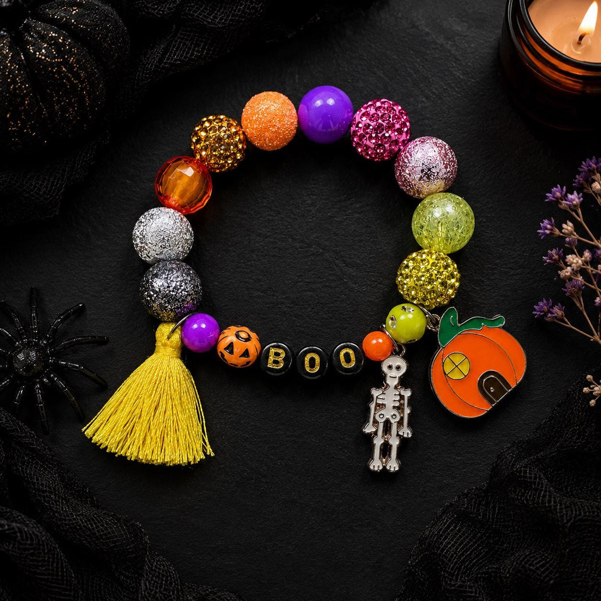 Halloween Bracelet for Girls, BOO Rhinestone Beaded Bracelet, Pumpkin Skeleton Charm Bracelet, Kids Halloween Jewelry, Spooky Season Gift