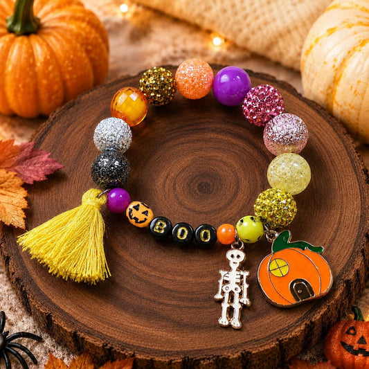 Halloween Bracelet for Girls, BOO Rhinestone Beaded Bracelet, Pumpkin Skeleton Charm Bracelet, Kids Halloween Jewelry, Spooky Season Gift
