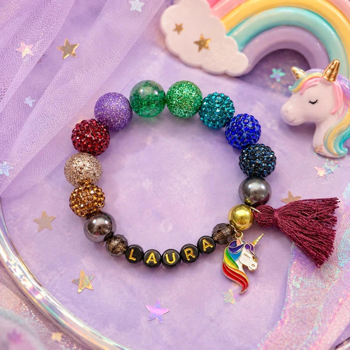 Personalized Sparkly Unicorn Bracelet for Girls, Custom Name Bracelet, Rainbow Beaded Kids Jewelry, Toddler Girl Gift, Birthday Bracelet
