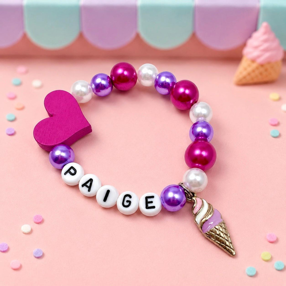 Personalized Ice Cream Bracelet for Girls, Custom Name Kids Bracelet, Pink Purple Pearl Beaded Bracelet, Sweet Birthday Gift