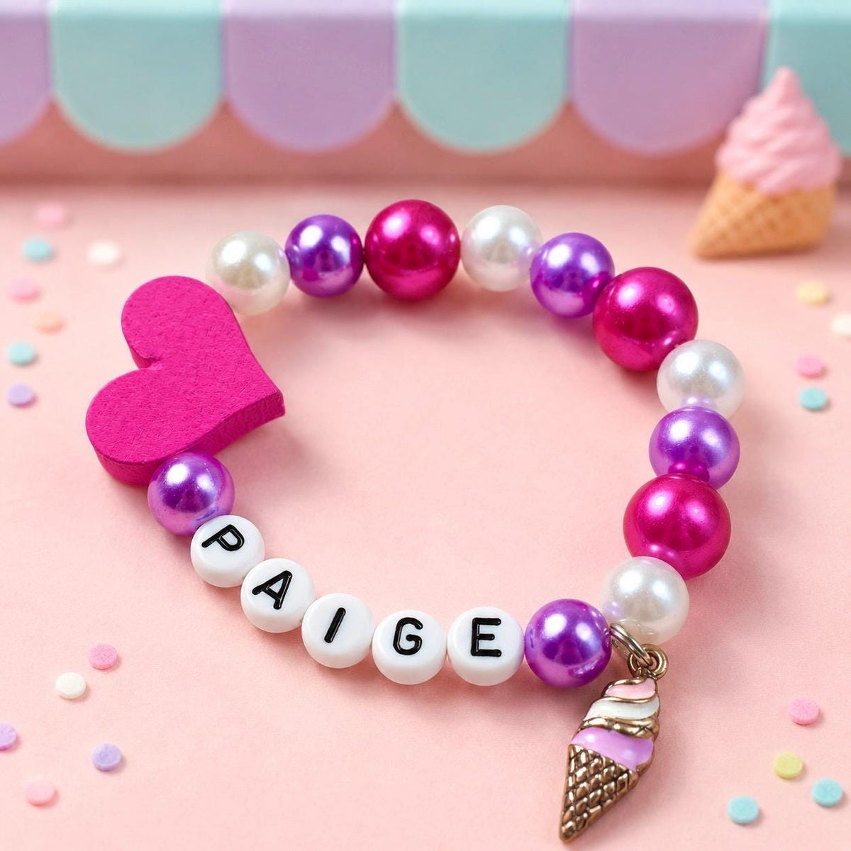 Personalized Ice Cream Bracelet for Girls, Custom Name Kids Bracelet, Pink Purple Pearl Beaded Bracelet, Sweet Birthday Gift