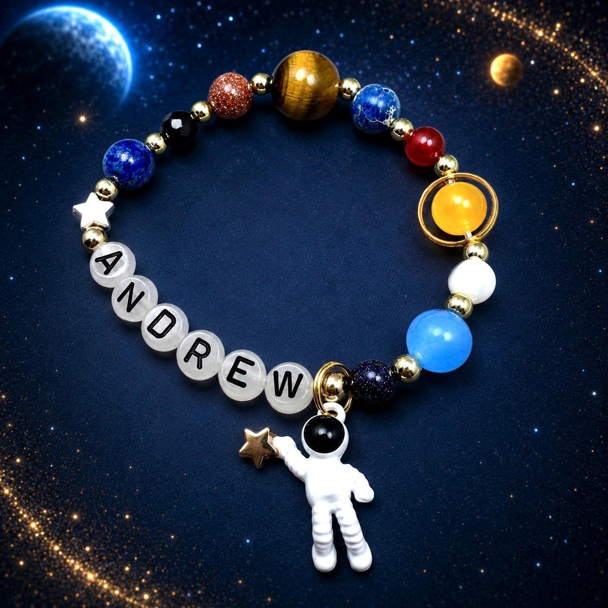 Personalized Glow in the Dark Space Bracelet, Custom Name Astronaut Bracelet for Kids, Solar System Gemstone Birthday Gift for Boys