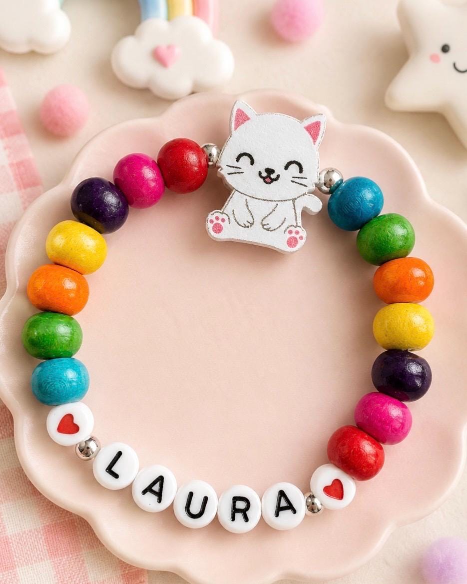 Personalized Cat Bracelet for Girls, Rainbow Name Bracelet, Kids Wooden Bead Jewelry, Kitty Cat Birthday Gift, Colorful Girl Bracelet