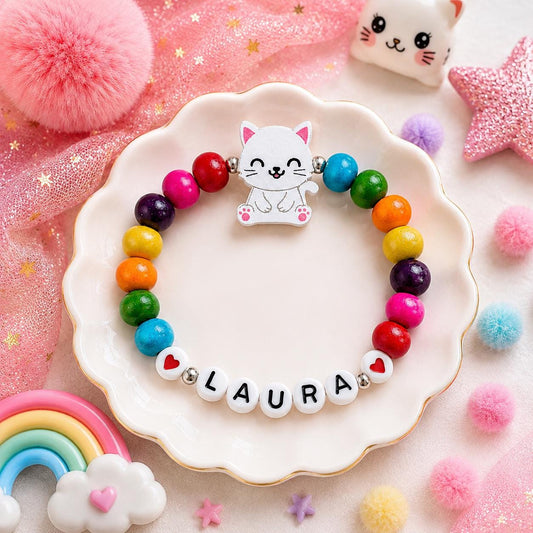 Personalized Cat Bracelet for Girls, Rainbow Name Bracelet, Kids Wooden Bead Jewelry, Kitty Cat Birthday Gift, Colorful Girl Bracelet