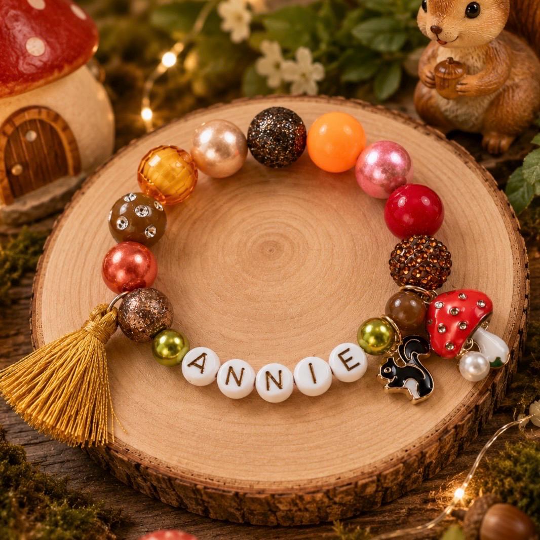 Personalized Fall Kids Bracelet, Custom Name Squirrel Bracelet, Woodland Mushroom Jewelry, Autumn Gift for Girls
