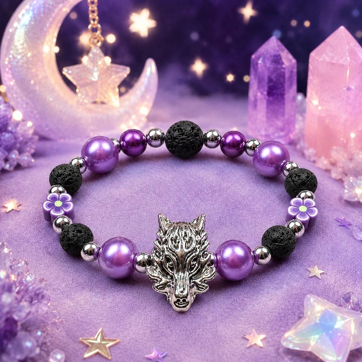 Girls Purple Wolf Bracelet, Personalized Kids Jewelry, Purple Flower Bracelet, Wolf Gift for Girl, Black Lava rock Beads Purple Bracelet