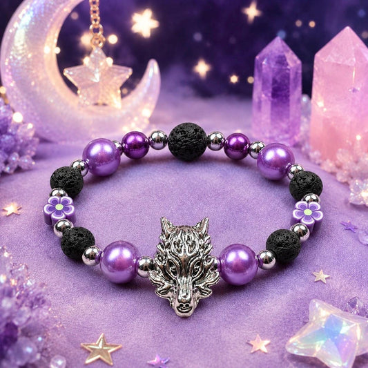 Girls Purple Wolf Bracelet, Personalized Kids Jewelry, Purple Flower Bracelet, Wolf Gift for Girl, Black Lava rock Beads Purple Bracelet