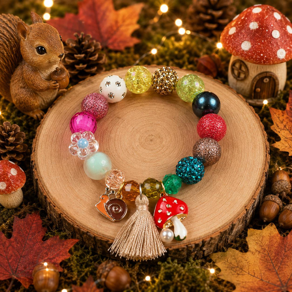 Fall Kids Woodland Bracelet, Mushroom Snail Charm Bracelet, Cute Autumn Chunky Beads Bracelet for Girls, Whimsical Forest Flower Jewelry