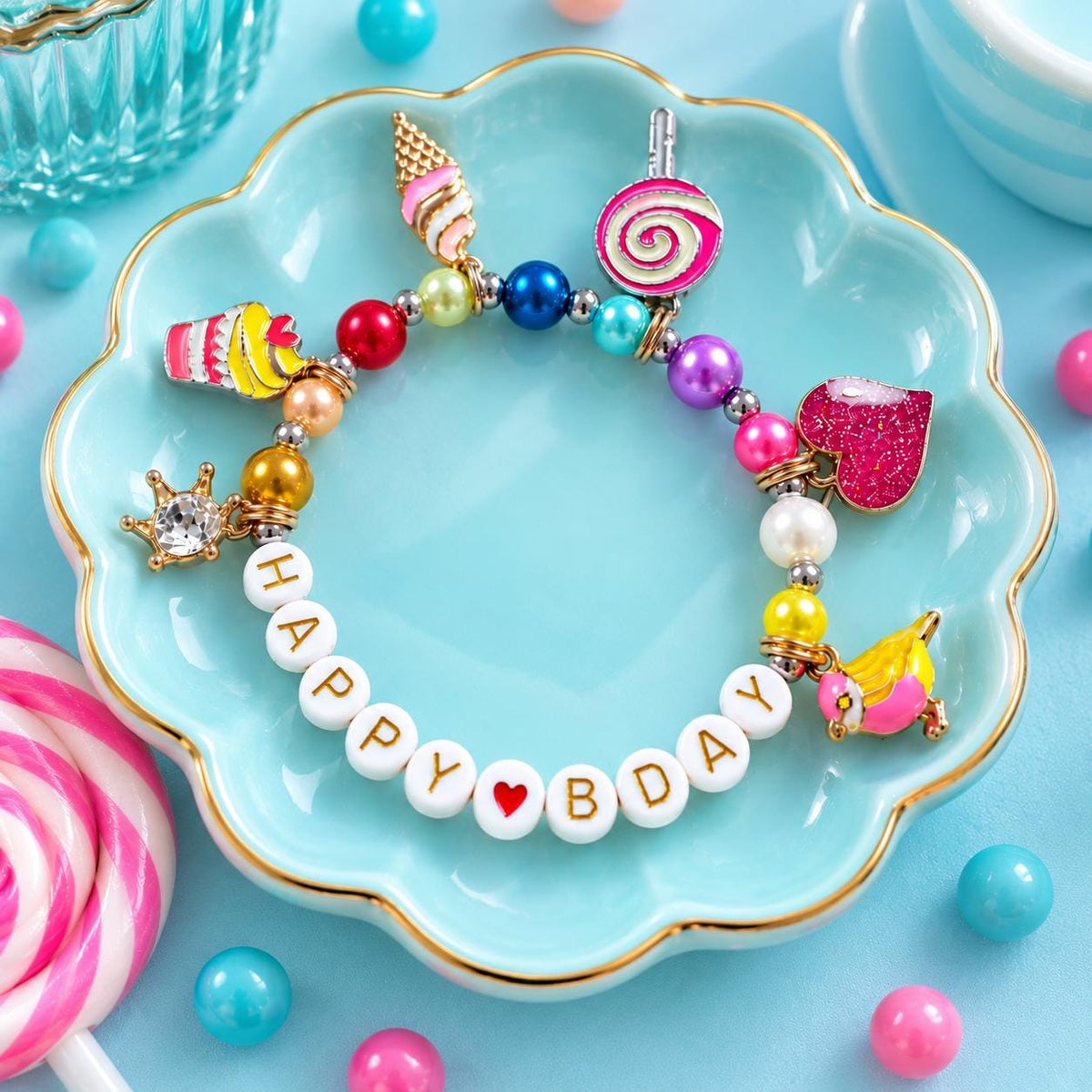 Personalized Birthday Bracelet for Girls, Custom Name Kids Bracelet, Happy Birthday Jewelry, Colorful enamel Charms Bracelet, Birthday Gift