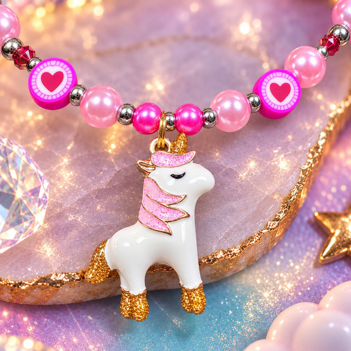 Girls Unicorn Necklace, Pink Pearl Beaded Necklace, Heart Jewelry for Kids, Unicorn Gift for Girl, Sparkly Kids Stretch Necklace