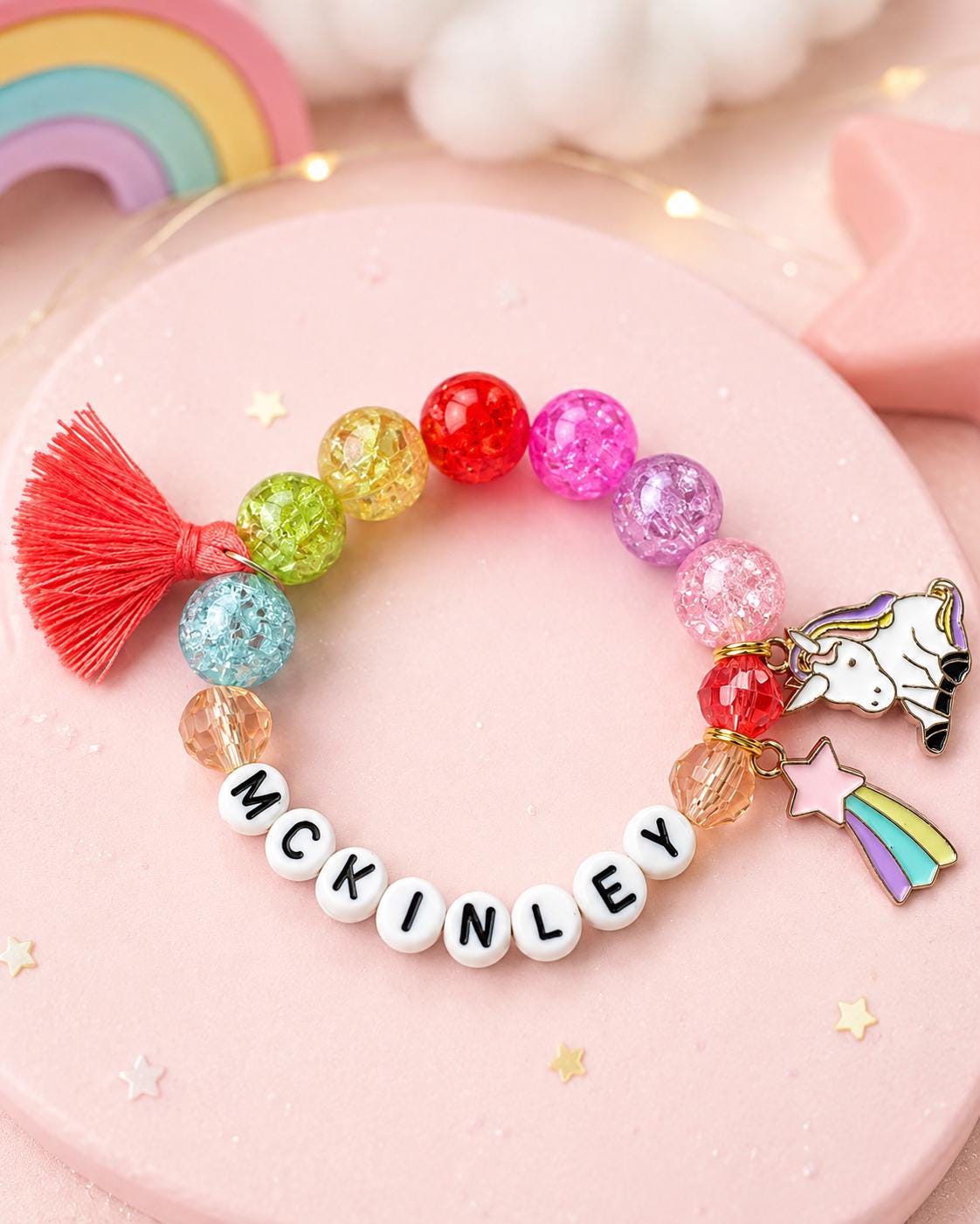 Personalized Rainbow Name Bracelet for Girl, Unicorn Charm Bracelet, Colorful Kids Jewelry, Custom Girl Gift, Chunky Beads Birthday Bracelet
