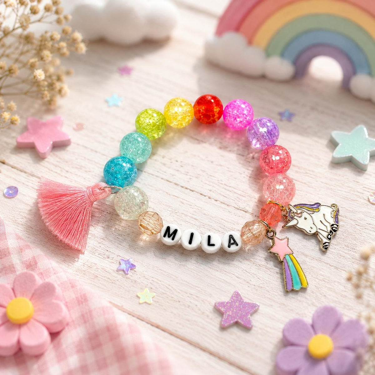 Personalized Rainbow Name Bracelet for Girl, Unicorn Charm Bracelet, Colorful Kids Jewelry, Custom Girl Gift, Chunky Beads Birthday Bracelet