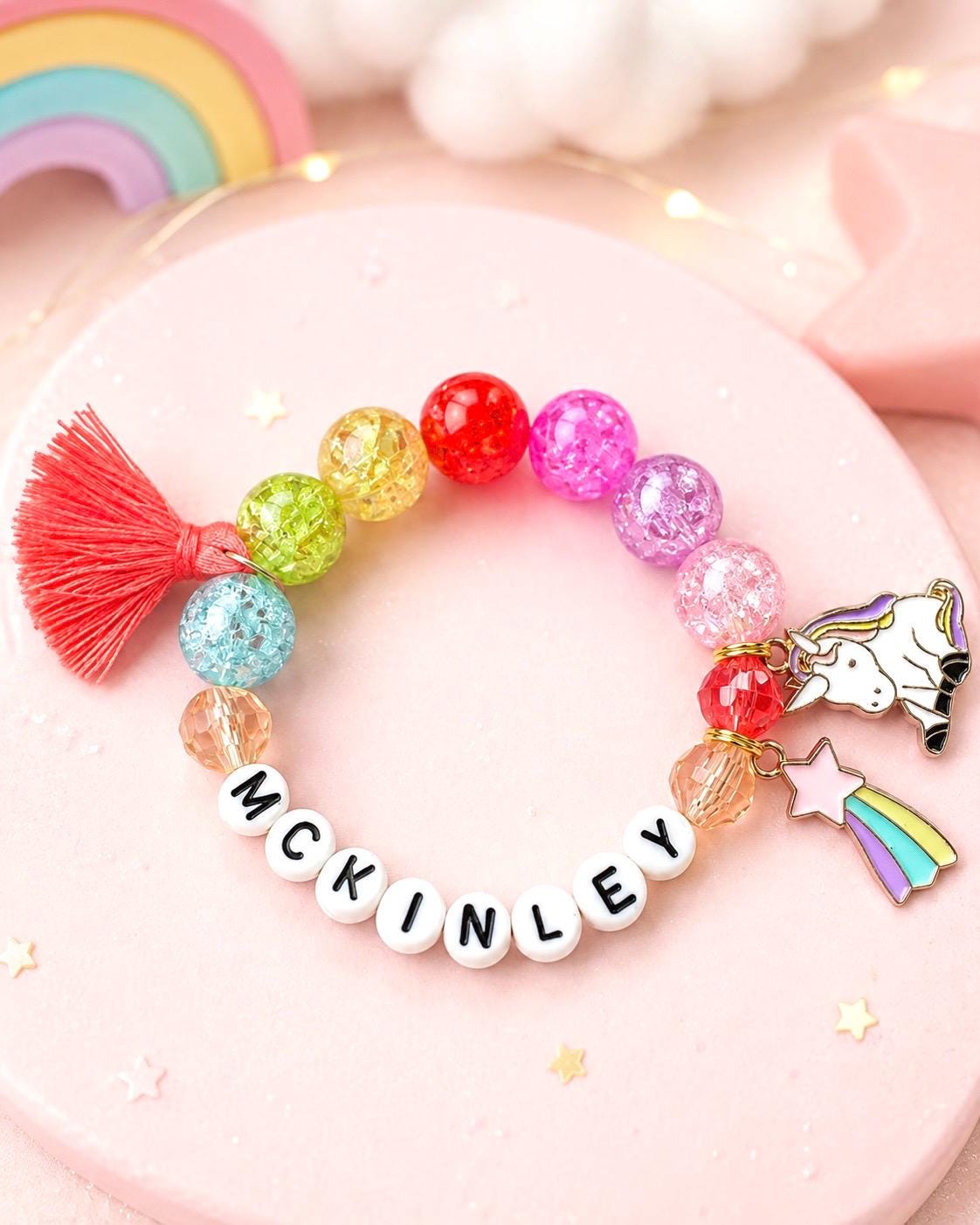 Personalized Rainbow Name Bracelet for Girl, Unicorn Charm Bracelet, Colorful Kids Jewelry, Custom Girl Gift, Chunky Beads Birthday Bracelet