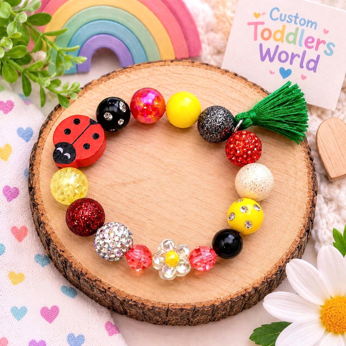Custom Ladybug Flower Stretch Bracelet for Girls, Colorful Kids Beaded Bracelet, Garden Theme Jewelry, Red Yellow Green Bracelet