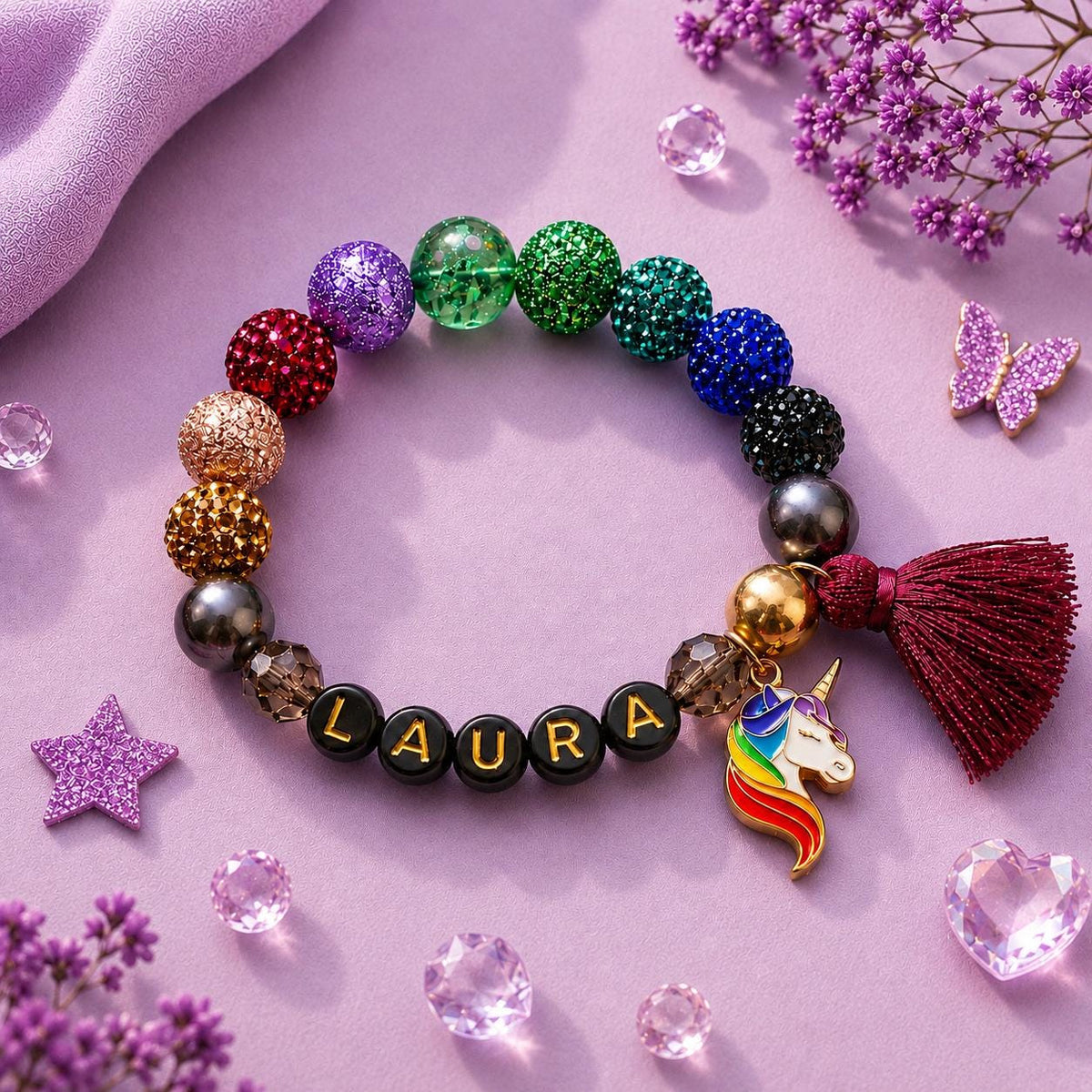 Personalized Sparkly Unicorn Bracelet for Girls, Custom Name Bracelet, Rainbow Beaded Kids Jewelry, Toddler Girl Gift, Birthday Bracelet