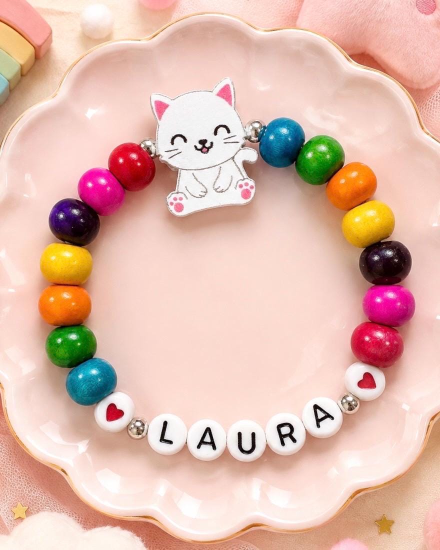 Personalized Cat Bracelet for Girls, Rainbow Name Bracelet, Kids Wooden Bead Jewelry, Kitty Cat Birthday Gift, Colorful Girl Bracelet