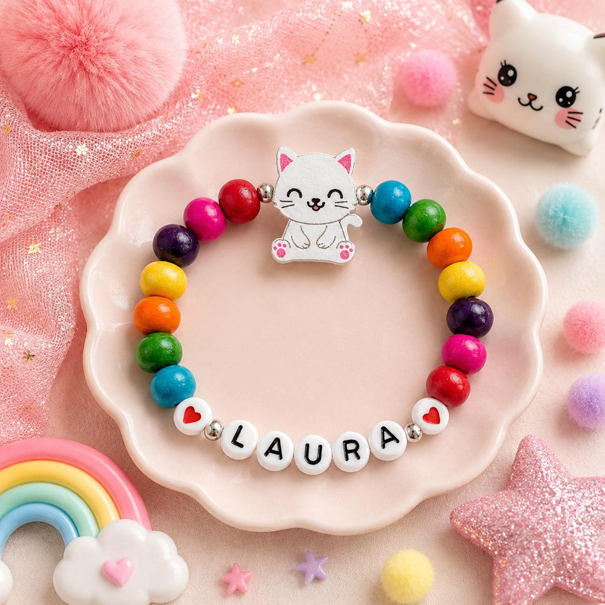 Personalized Cat Bracelet for Girls, Rainbow Name Bracelet, Kids Wooden Bead Jewelry, Kitty Cat Birthday Gift, Colorful Girl Bracelet