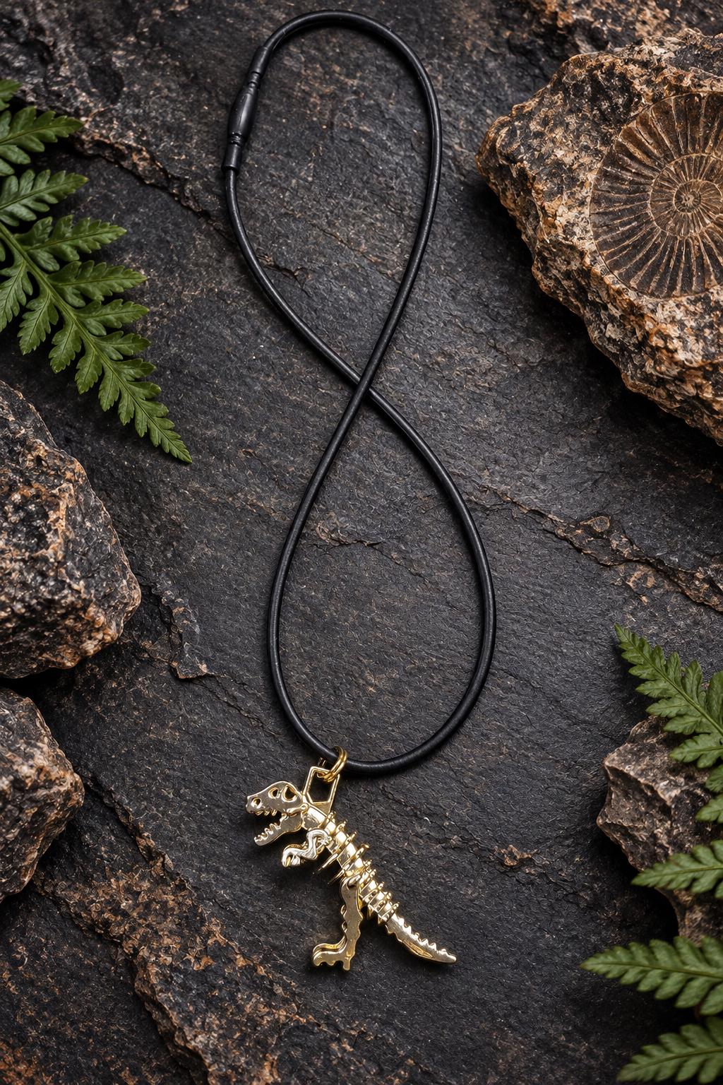T-Rex Dinosaur Necklace for Boys, Gold Dinosaur Skeleton Necklace, Breakaway Cord Kids Necklace, Dinosaur Gift, Dino Jewelry, Dino Fossil