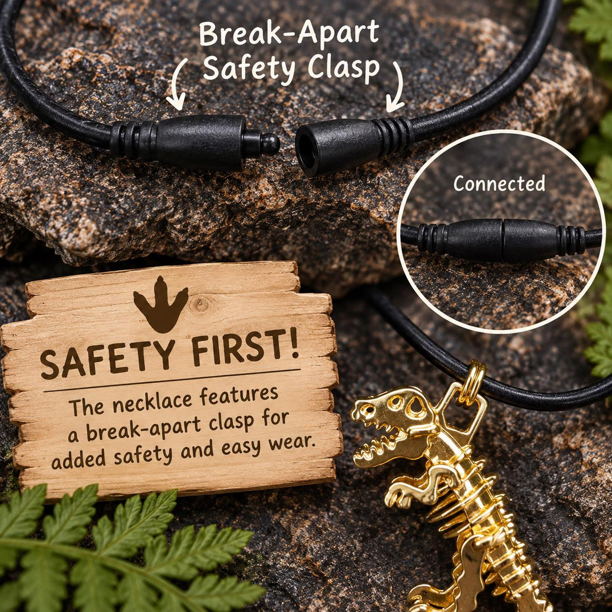 T-Rex Dinosaur Necklace for Boys, Gold Dinosaur Skeleton Necklace, Breakaway Cord Kids Necklace, Dinosaur Gift, Dino Jewelry, Dino Fossil