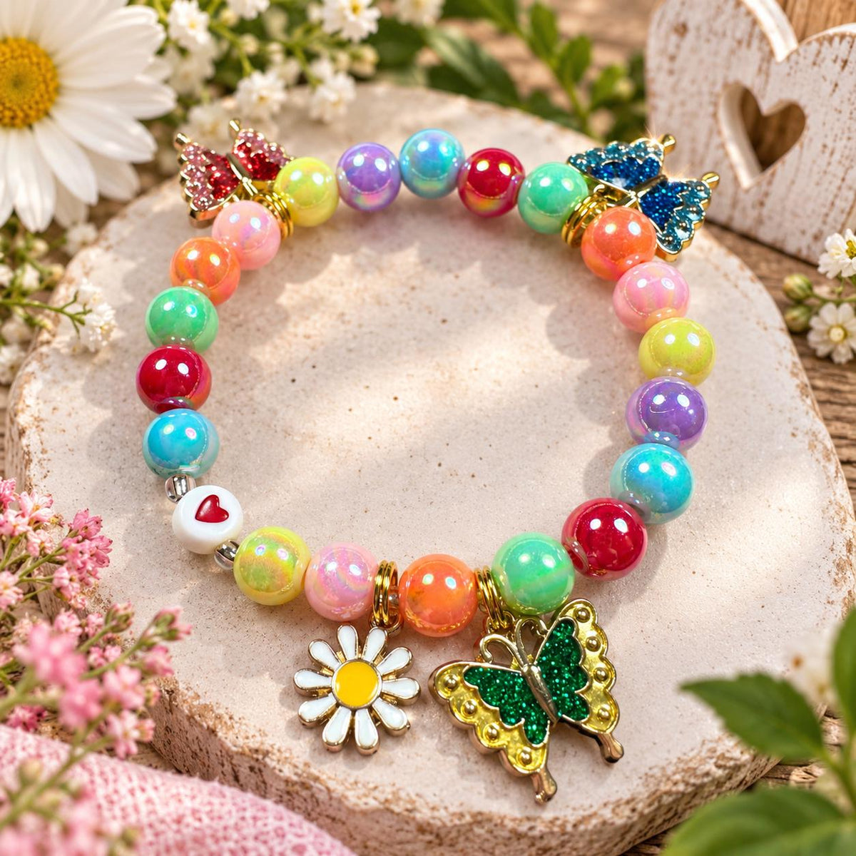 Butterfly Bracelet for Girls, Colorful Rainbow Beaded Bracelet, Daisy Charm Jewelry, Butterfly Gift for Girl, Kids Bracelet