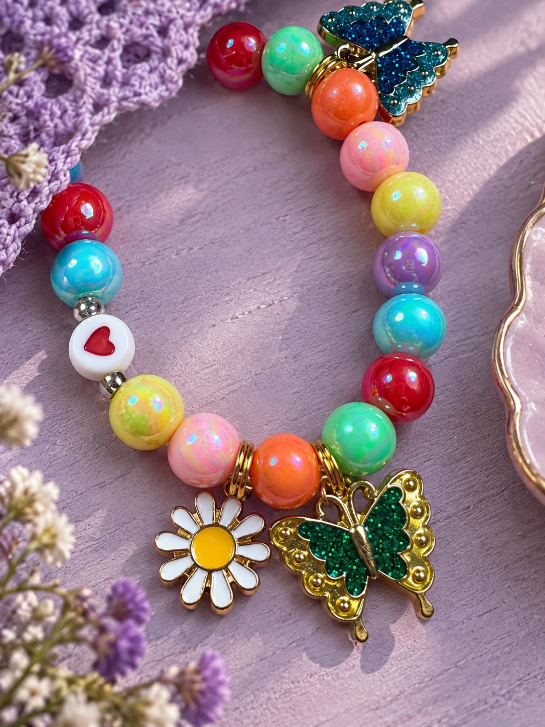Butterfly Bracelet for Girls, Colorful Rainbow Beaded Bracelet, Daisy Charm Jewelry, Butterfly Gift for Girl, Kids Bracelet
