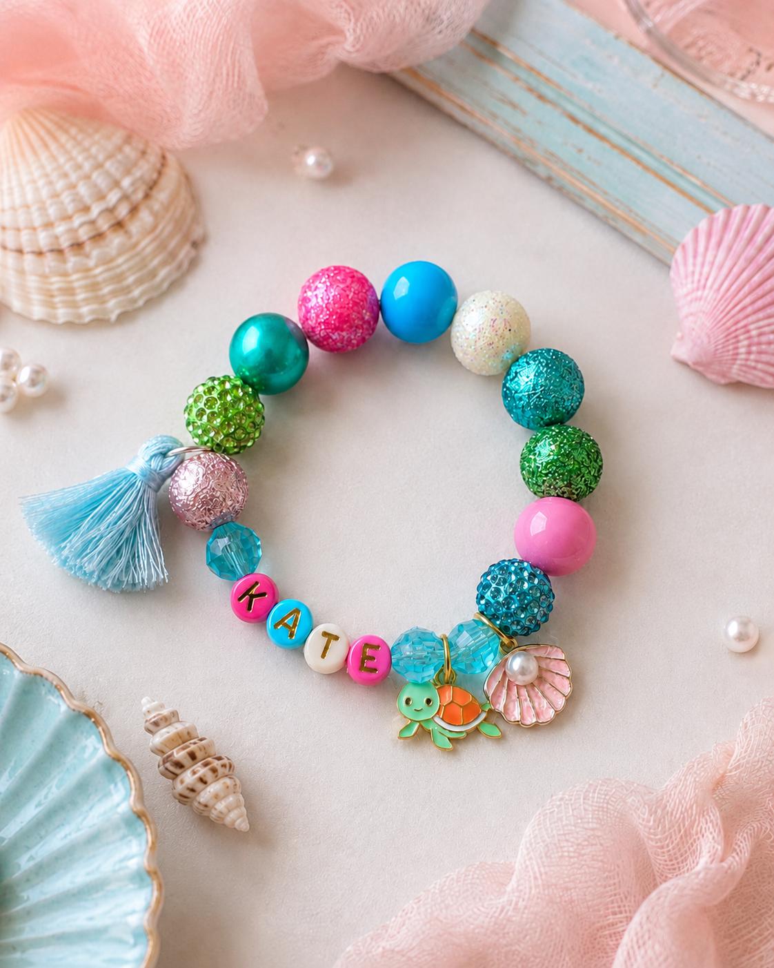Personalized Name Bracelet for Girls, Turtle & Seashell Bracelet, Colorful Beach Vacation Bracelet, Custom Kids Jewelry, Summer jewelry