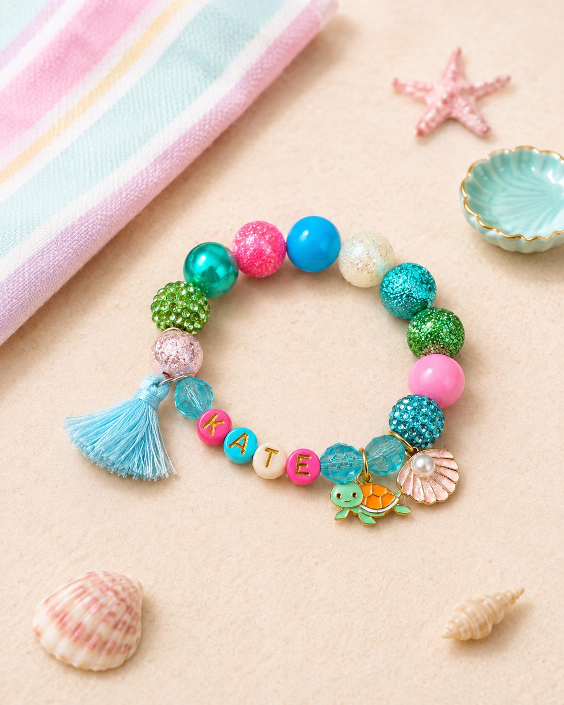 Personalized Name Bracelet for Girls, Turtle & Seashell Bracelet, Colorful Beach Vacation Bracelet, Custom Kids Jewelry, Summer jewelry
