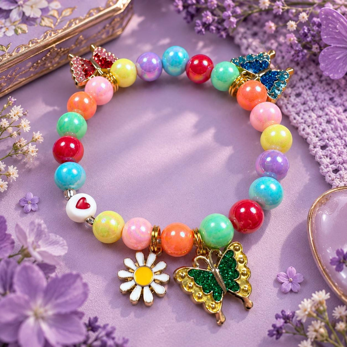 Butterfly Bracelet for Girls, Colorful Rainbow Beaded Bracelet, Daisy Charm Jewelry, Butterfly Gift for Girl, Kids Bracelet