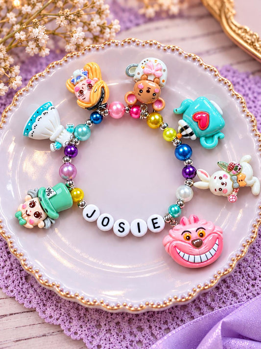 Personalized Wonderland Bracelet, Custom Name Bracelet for Girls, Wonderland Character Jewelry, Girls charm bracelet, Rainbow Pearl Bracelet