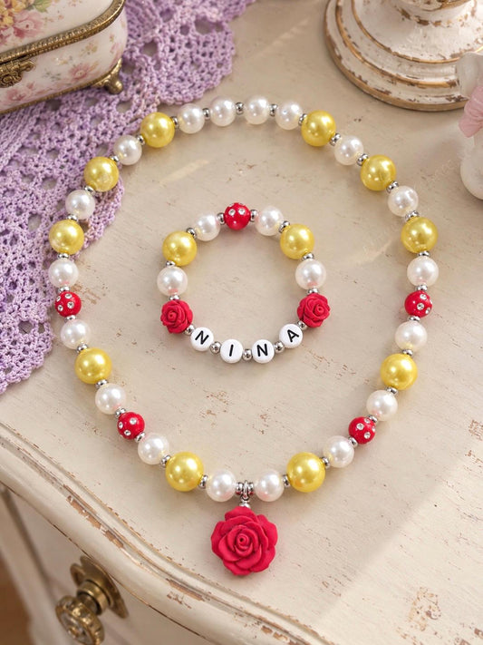 Personalized Girls Necklace & Bracelet Set, Yellow Pearl Rose Jewelry, Custom Name Bracelet, Little Girl Jewelry Set, Flower Girl Gift