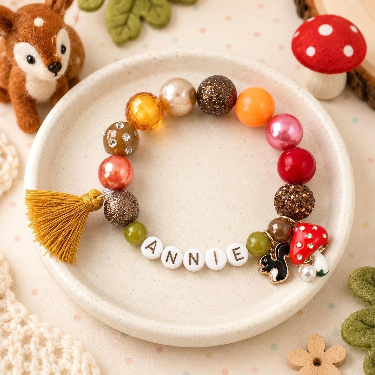 Personalized Fall Kids Bracelet, Custom Name Squirrel Bracelet, Woodland Mushroom Jewelry, Autumn Gift for Girls
