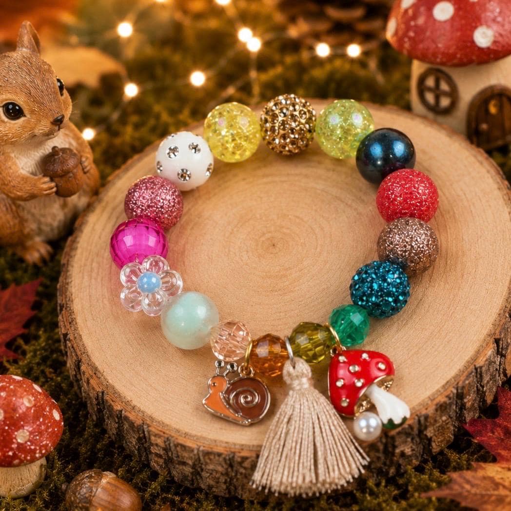 Fall Kids Woodland Bracelet, Mushroom Snail Charm Bracelet, Cute Autumn Chunky Beads Bracelet for Girls, Whimsical Forest Flower Jewelry
