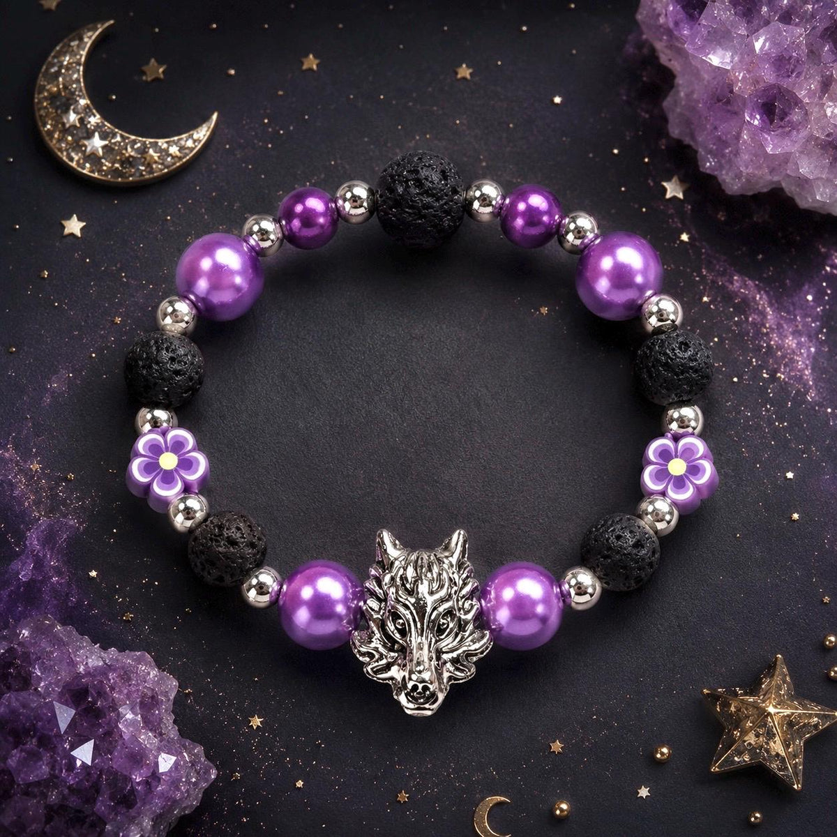 Girls Purple Wolf Bracelet, Personalized Kids Jewelry, Purple Flower Bracelet, Wolf Gift for Girl, Black Lava rock Beads Purple Bracelet