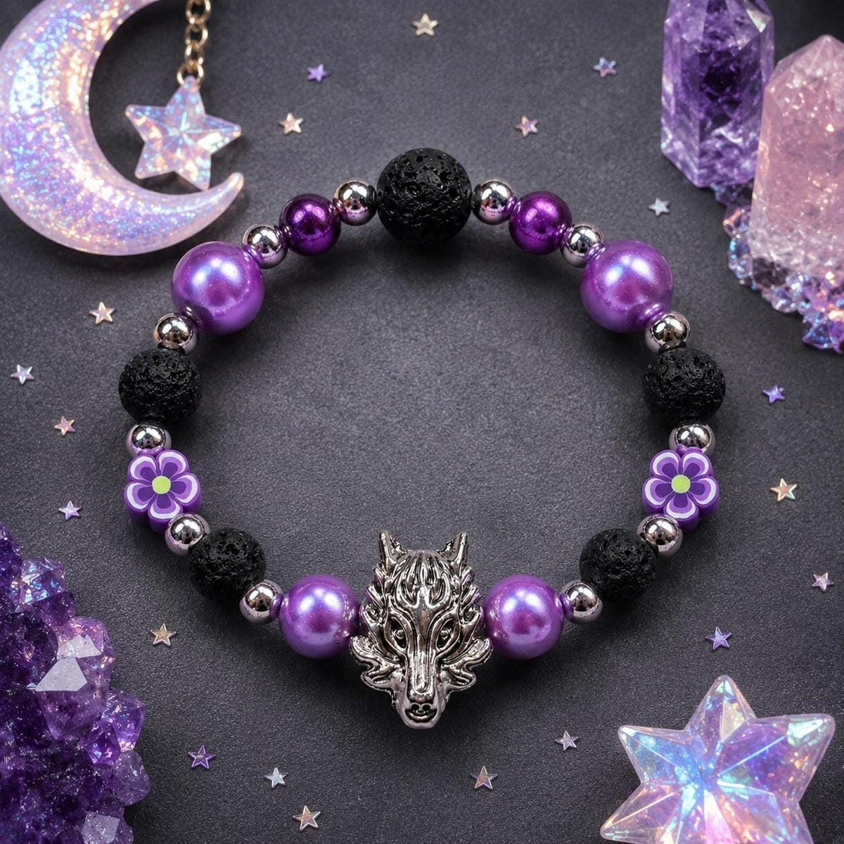 Girls Purple Wolf Bracelet, Personalized Kids Jewelry, Purple Flower Bracelet, Wolf Gift for Girl, Black Lava rock Beads Purple Bracelet