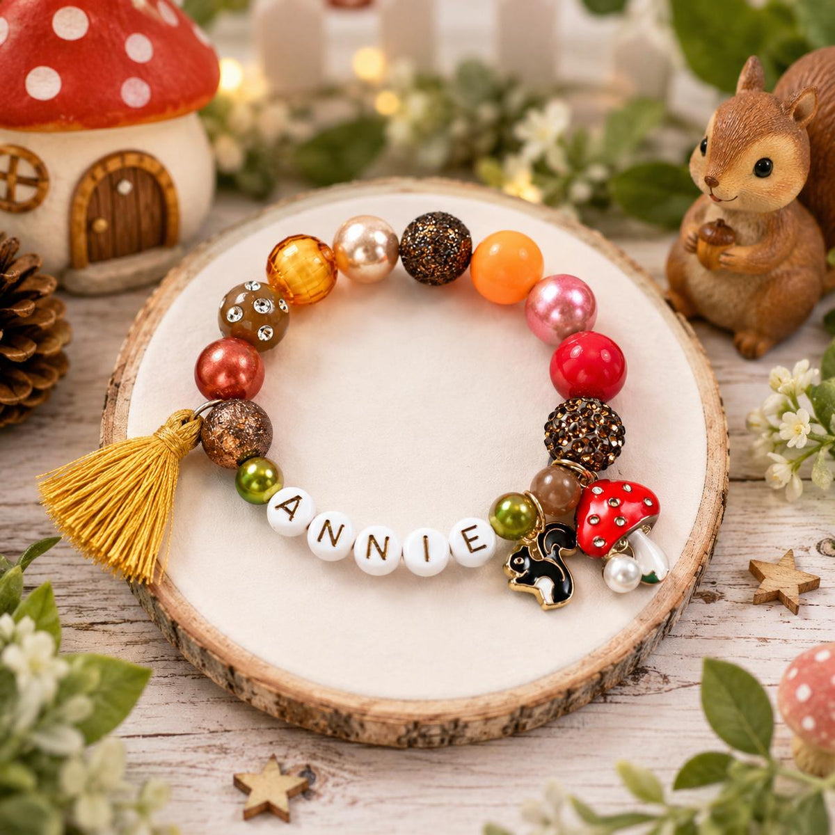 Personalized Fall Kids Bracelet, Custom Name Squirrel Bracelet, Woodland Mushroom Jewelry, Autumn Gift for Girls