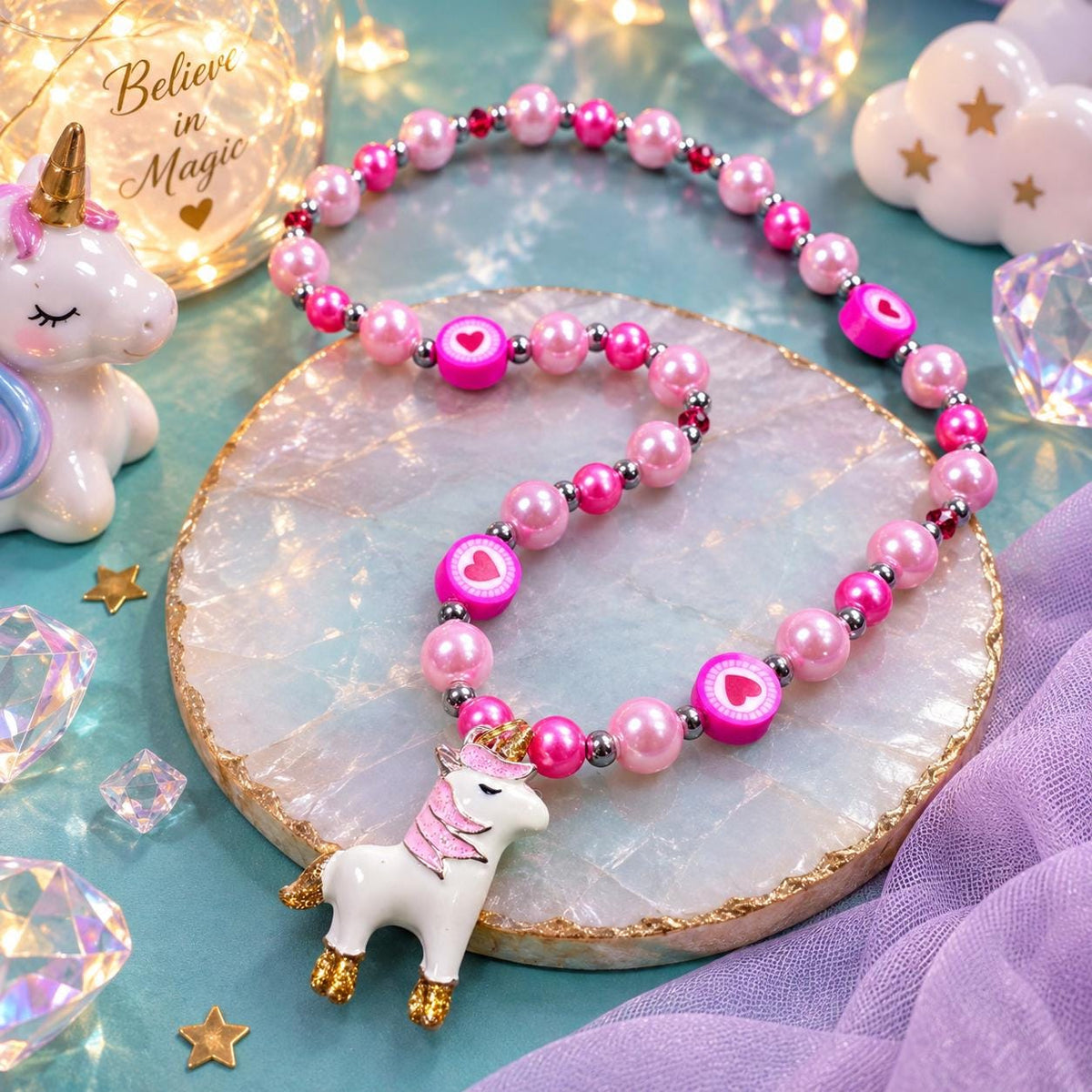 Girls Unicorn Necklace, Pink Pearl Beaded Necklace, Heart Jewelry for Kids, Unicorn Gift for Girl, Sparkly Kids Stretch Necklace
