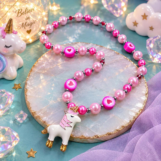 Girls Unicorn Necklace, Pink Pearl Beaded Necklace, Heart Jewelry for Kids, Unicorn Gift for Girl, Sparkly Kids Stretch Necklace