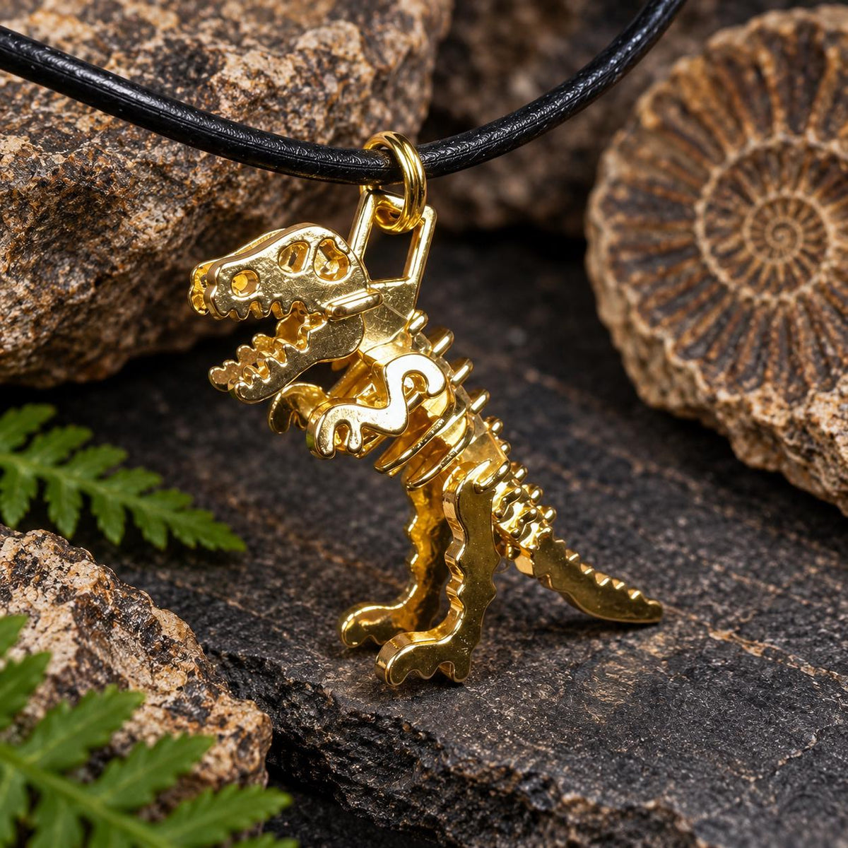 T-Rex Dinosaur Necklace for Boys, Gold Dinosaur Skeleton Necklace, Breakaway Cord Kids Necklace, Dinosaur Gift, Dino Jewelry, Dino Fossil