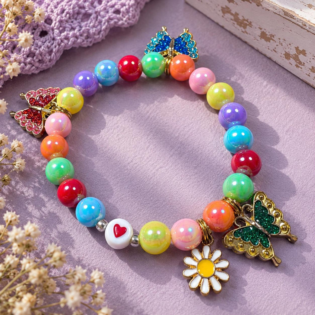 Butterfly Bracelet for Girls, Colorful Rainbow Beaded Bracelet, Daisy Charm Jewelry, Butterfly Gift for Girl, Kids Bracelet