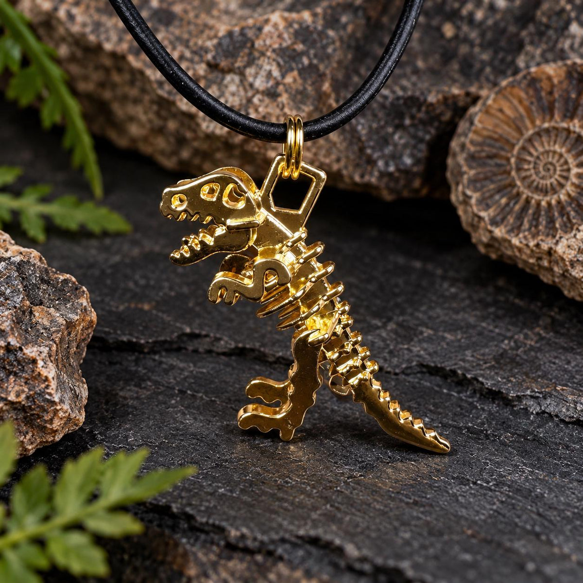 T-Rex Dinosaur Necklace for Boys, Gold Dinosaur Skeleton Necklace, Breakaway Cord Kids Necklace, Dinosaur Gift, Dino Jewelry, Dino Fossil