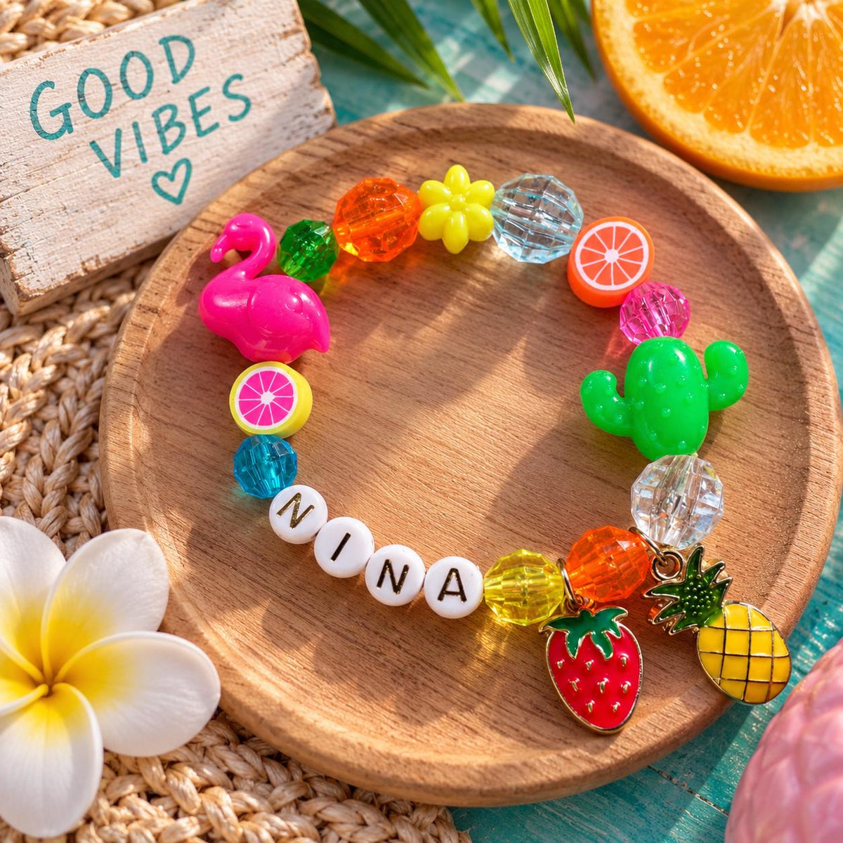 Customized Girls Bracelet, Tropical Flamingo Bracelet, Custom Name Bracelet for Kids, Fruit Charm Jewelry, Summer Gift for Girl
