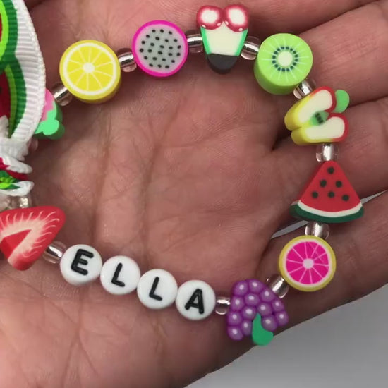 Personalized Fruit Bracelet for Girls | Custom Name Bracelet | Polymer Clay Fruit Beads | Summer Kids Jewelry | Tropical Birthday Gift