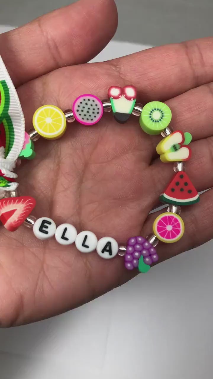 Personalized Fruit Bracelet for Girls | Custom Name Bracelet | Polymer Clay Fruit Beads | Summer Kids Jewelry | Tropical Birthday Gift
