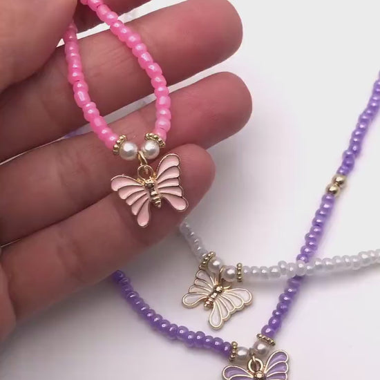 Personalized Butterfly Necklace for Girls, Custom Name Necklace, Kids Beaded Necklace, Butterfly Charm Jewelry, Birthday Gift for Daughter
