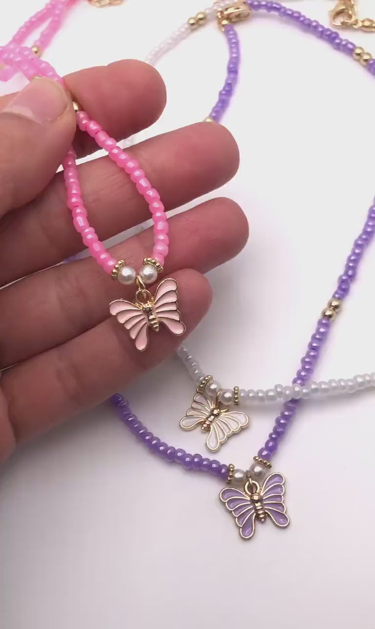 Personalized Butterfly Necklace for Girls, Custom Name Necklace, Kids Beaded Necklace, Butterfly Charm Jewelry, Birthday Gift for Daughter