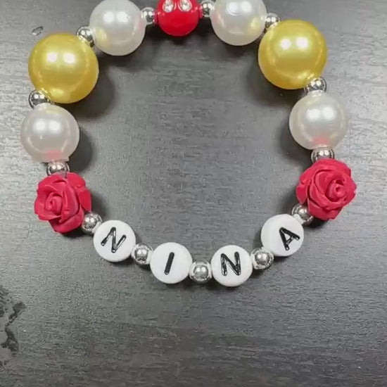 Personalized Girls Necklace & Bracelet Set, Yellow Pearl Rose Jewelry, Custom Name Bracelet, Little Girl Jewelry Set, Flower Girl Gift
